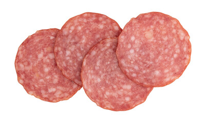 Wall Mural - pieces of sliced salami sausage laid out to create layout, salami sausage slices isolated