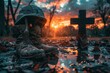 Pair of muddy military boots and a combat helmet leaning against a memorial cross in a puddle at sunset