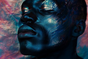 Wall Mural - A man with blue face paint and a blue background