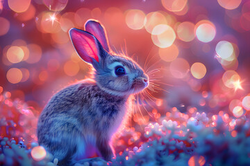 Wall Mural - Rabbit sitting on dark night magic field with neon colorful lights. Fairy tail. Easter bunny. Creative holiday design for card, banner, poster with copy space