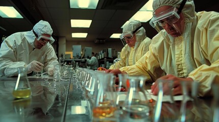 Canvas Print - Two men in lab coats working on a chemical reaction, AI