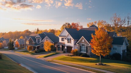 Sticker - A street with houses on both sides of it and trees, AI