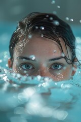 A woman is swimming in a pool with her head above the water