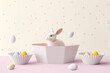 Cute white bunny and eggs on light pastel background. Abstract minimal Easter concept.	