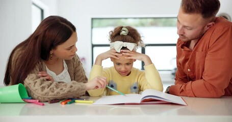 Wall Mural - Homework, stress and girl with parents, notebook and learning with knowledge or education in lounge. Family, mother or father with daughter, advice or kid with studying or child development with help