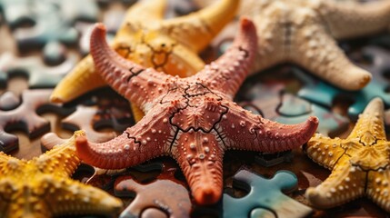 Wall Mural - Adorable starfish immersed in a delightful jigsaw puzzle, Ai Generated.