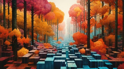 Wall Mural - Surreal autumn forest landscape captivates with vibrant colors, Ai Generated.