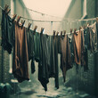 Drab Dingy Warn-out Dark Rough Texture Colors Laundry Wash Hanging Liquid Water Shirts Dripping Splashes Falling to Ground from Clothes Washing Line with Clothespins Pegs with Blurry Green Background.
