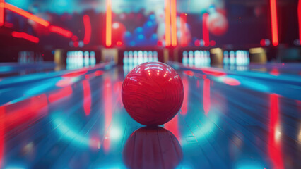 A red ball rolls towards the pins against the backdrop of a bowling club