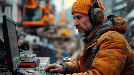 A man in a yellow hat and a brown jacket is sitting in front of a computer