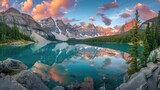 Fototapeta Sypialnia - Breathtaking panorama of Moraine Lake in Banff National Park, showcasing the pristine beauty of the Canadian Rockies. Ai Generated