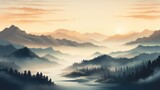 Fototapeta Na ścianę - Majestic mountains bathed in the warm glow of sunset are enveloped in a mystical fog, Ai Generated