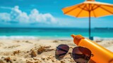 Fototapeta Dmuchawce - Sand, sea, and summer essentials, sunglasses, sunscreen, Ai Generated