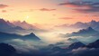 Majestic mountains bathed in the warm glow of sunset are enveloped in a mystical fog, Ai Generated