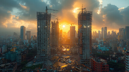 Wall Mural - The sun is setting over a city with tall buildings and a large body of water
