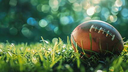 Close up rugby ball sport on grass with blur background. AI generated image