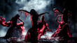 Beautiful vampire women and witches coven dancing in a pool of blood with bloody soaked dresses in the moon light on Halloween night.