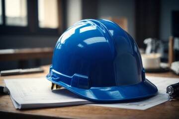 Blue construction helmet on building blueprint paper with project plan on table.