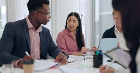 Wall Mural - Teamwork, meeting and business people in office with documents, paperwork and laptop for feedback. Creative agency, diversity and men and women in conversation for planning, review and collaboration