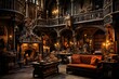Enchanting ancient library with extensive bookshelves, soft illumination, and vintage sepia hues