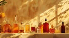 Assorted Spirit Bottles Bask In The Warm, Golden Light Of Sunset, Casting Long Shadows On A Textured Background