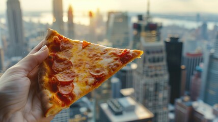 Wall Mural - Hand holding a cheesy pizza slice against a city backdrop