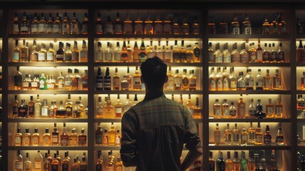 Fototapete - Person silhouetted against a wall of illuminated liquor bottles
