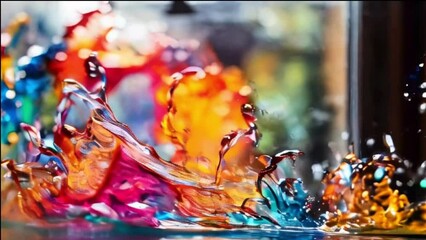 Wall Mural - colorful water spreading over glass surface against multicolored blurred background, motion