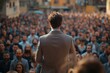 © Oleksandr - Suited speaker captivates attendees from podium, emanating confidence.