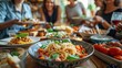 joyful group of pals enjoying pasta at a home gathering happy individuals sharing a meal lifestyle idea with friends and acquaintances commemorating turkey day vibrant edit 