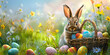 Rabbit with eggs, adding a playful twist to the Easter festivities, as it merrily carries a basket filled with colorful painted Easter eggs bokeh light and shadows sunny day in a forest background 