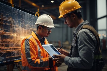 Engineer and Architect analyze projects with new technology and innovative on digital and virtual tablet