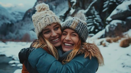 Smiling woman hugging friend on snowcapped mountain