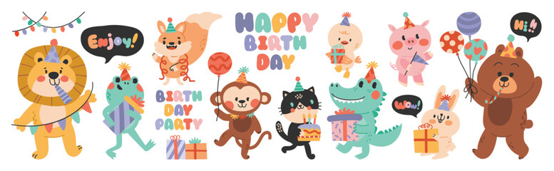 Wall Mural - Happy birthday concept animal vector set. Collection of adorable wildlife, lion, frog, monkey, pig, crocodile. Birthday party funny animal character illustration for greeting card, kids, education.