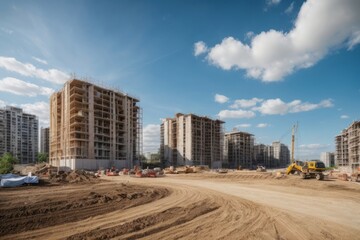 Construction site with unfinished residential buildings with construction machine tools under blue sky