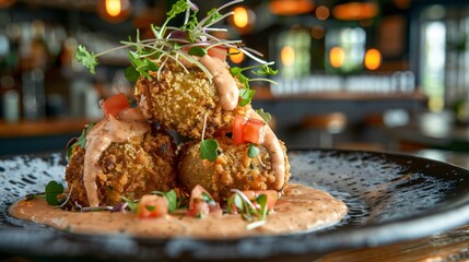 Fried green tomatoes topped with remoulade sauce and microgreens