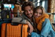 Smiling couple at airport, packed and prepped for overseas journey