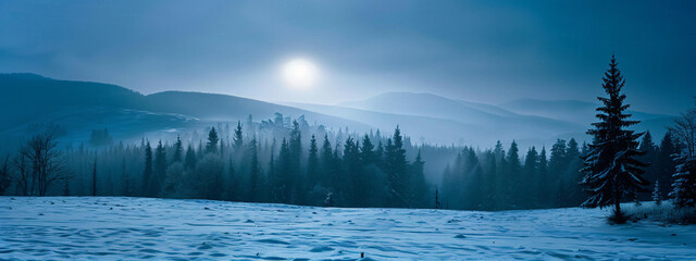 Wall Mural - panoramic view of snowcovered field with spruce forest on background, mountains in the distance, moonlight, blue tones, night, foggy weather, panorama, high resolution photography