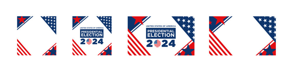 American election voting vector social media banner poster. Political election campaign. Rock the vote, go vote, your vote your voice. American flag flyer. Presidential election 2024.