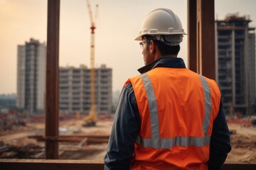 back view construction engineer supervising building construction at construction site in safety suit