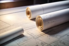 Architect Scrolls And Technical Project Architectural Plans With Paper Blueprint