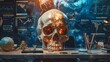 A surreal cover for a book set in the business world, featuring a polished skull atop a sleek executive desk, surrounded by financial charts and digital devices