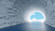 3d render, abstract minimal blue background with white clouds flying out the tunnel