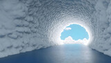 Fototapeta Przestrzenne - 3d render, abstract minimal blue background with white clouds flying out the tunnel