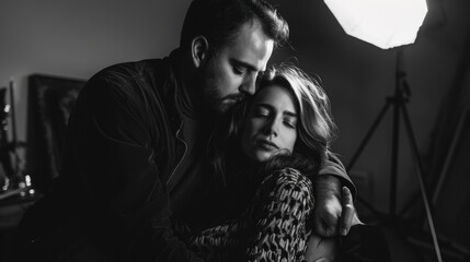 Wall Mural - Passionate couple enjoying serene moment in black and white photography studio setting. Intimacy and connection.