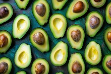 Avocado Halves In A Neat Row, A Pattern Of Healthy Fats