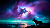 Fototapeta  - dog watching a nebula afterlife concept