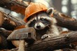 Raccoon Wearing Hard Hat on Pile of Logs