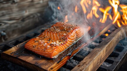 A traditional cedar plank salmon cooked over an open flame