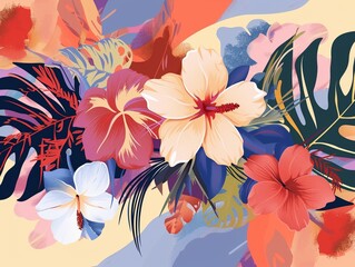 Wall Mural - Pacific Islander Heritage month abstract banner with tropical flowers.